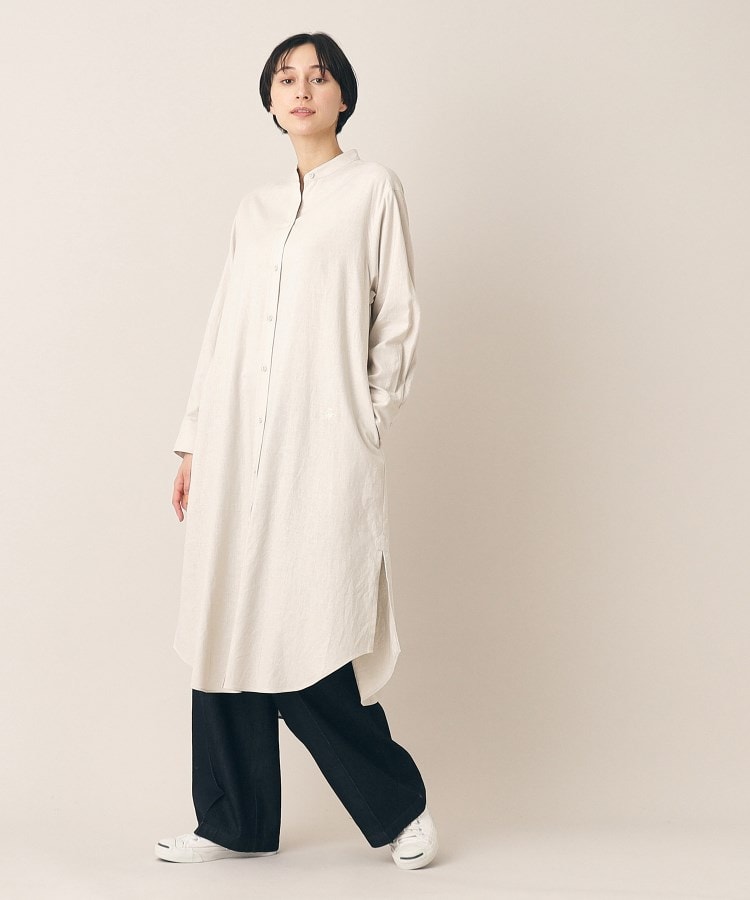 洗える】バンドカラーシャツワンピース(S~L)(マキシ・ロング 洗える】バンドカラーシャツワンピース(S~L)(マキシ・ロング