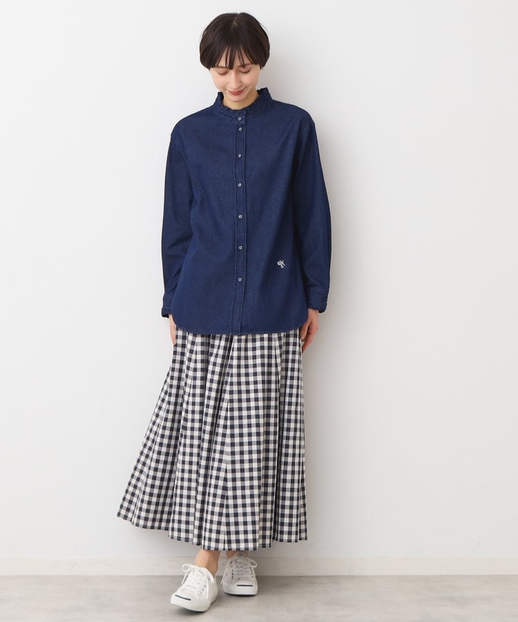 洗える】フリルネックデニムシャツ(シャツ・ブラウス 洗える】フリルネックデニムシャツ(シャツ・ブラウス