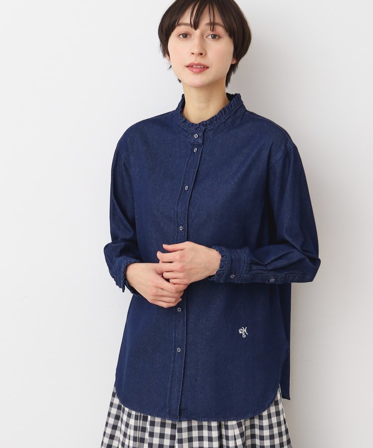 デッサン(レディース)(Dessin(Ladies))の【洗える】フリルネックデニムシャツ ネイビー(094)