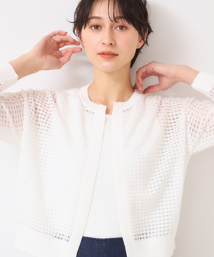 デッサン(レディース)(Dessin(Ladies))の【洗える】チェック柄シアークルーネックカーディガン ホワイト(002)