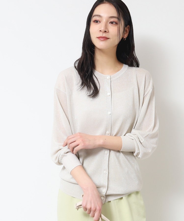 デッサン(レディース)(Dessin(Ladies))の【接触冷感・洗える】クルーネックミドル丈ラメカーディガン（S～L） ライトベージュ(051)