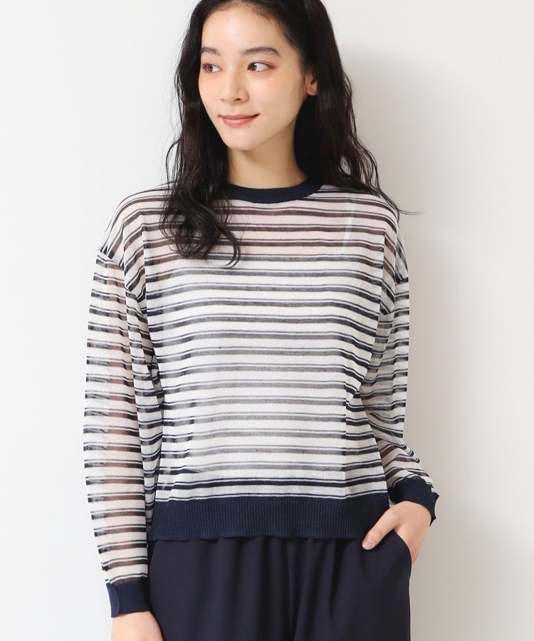 デッサン(レディース)(Dessin(Ladies))の【洗える】シアーカラ―ボーダーニット（S～L） ブルー(393)