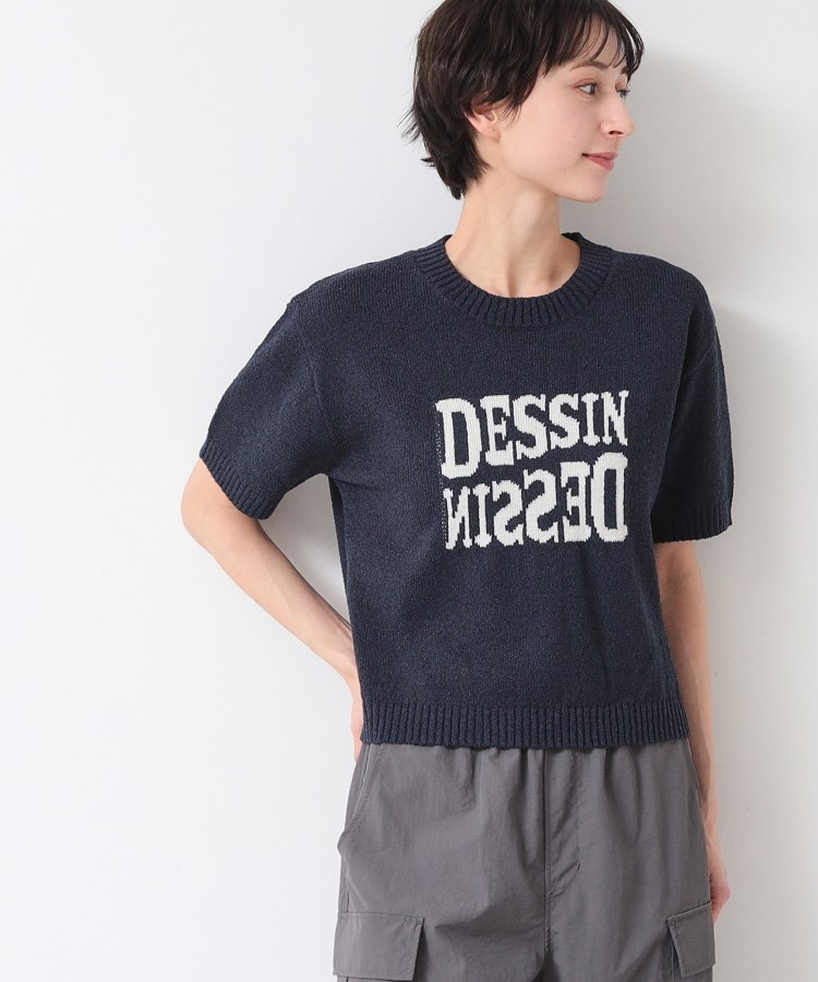 デッサン(レディース)(Dessin(Ladies))の【洗える】ロゴジャカード半袖ニット（S～L） ネイビー(094)