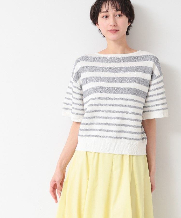 デッサン(レディース)(Dessin(Ladies))の【洗える】スパンコールラメボーダーニット ライトグレー(311)