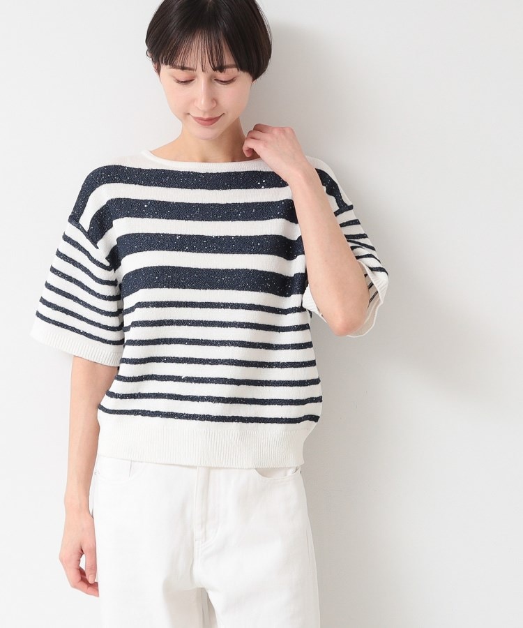 デッサン(レディース)(Dessin(Ladies))の【洗える】スパンコールラメボーダーニット ネイビー(394)