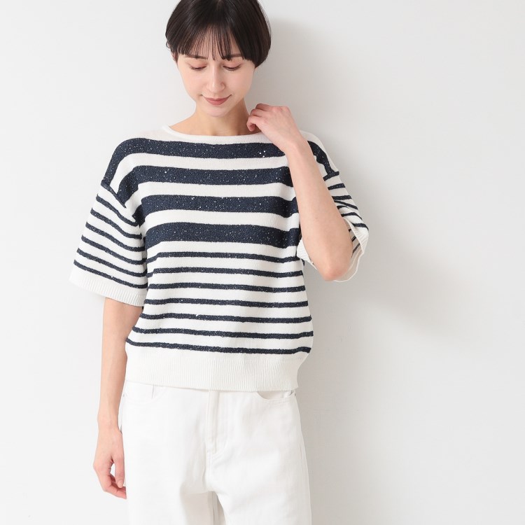 デッサン(レディース)(Dessin(Ladies))の【洗える】スパンコールラメボーダーニット ニット/セーター