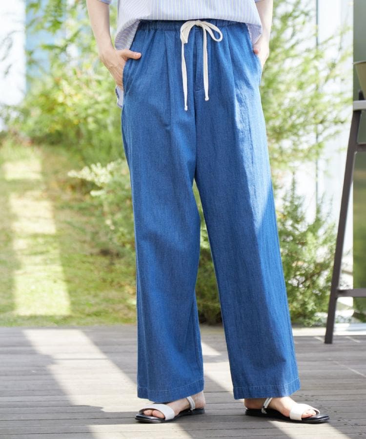 デッサン(レディース)(Dessin(Ladies))の【ウエストゴム・洗える】リネンブレンドデニム調イージーパンツ（XS～L） ブルー(092)