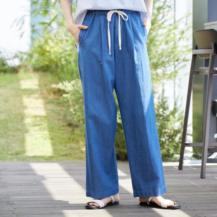 デッサン(レディース)(Dessin(Ladies))の【ウエストゴム・洗える】リネンブレンドデニム調イージーパンツ（XS～L） フルレングスパンツ