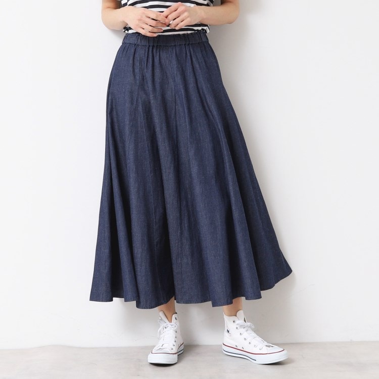 デッサン(レディース)(Dessin(Ladies))の【ウエストゴム・洗える】綿麻デニムフレアースカート マキシ・ロングスカート