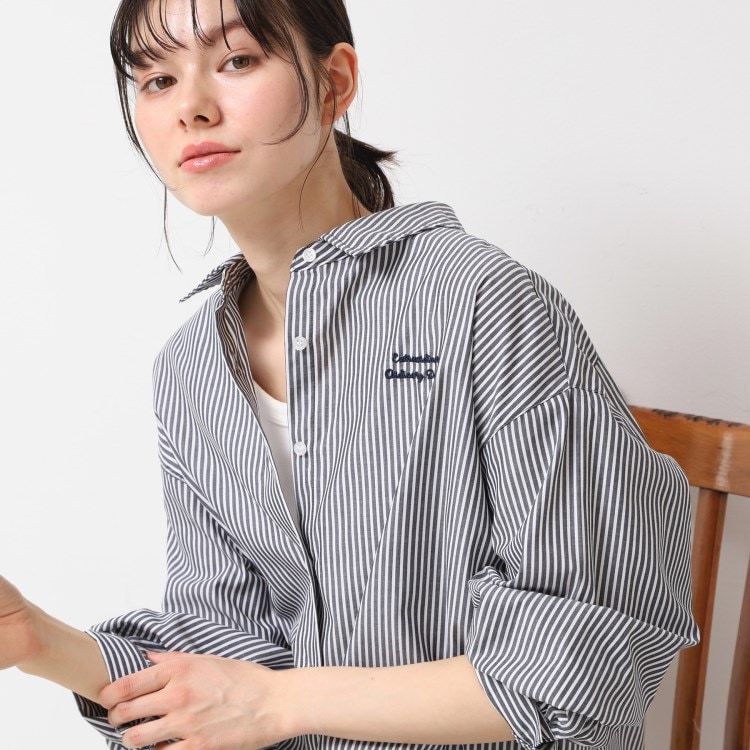 デッサン(レディース)(Dessin(Ladies))の【洗える】ロゴ刺繍入りストライプオーバーシャツ シャツ・ブラウス