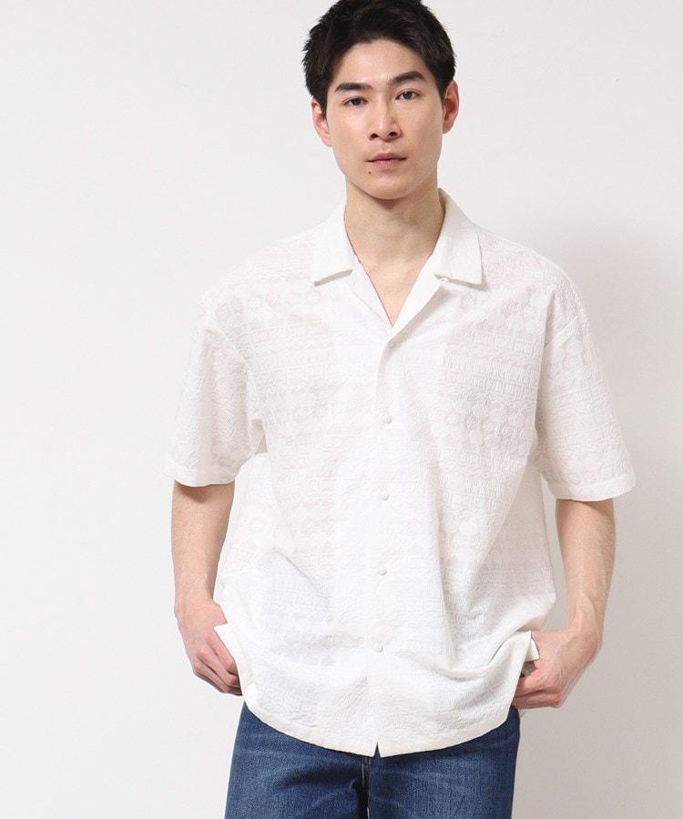 デッサン(メンズ)(Dessin(Men))の【インド刺繍・セットアップ可能・洗える】刺繍柄シャツ ホワイト(002)