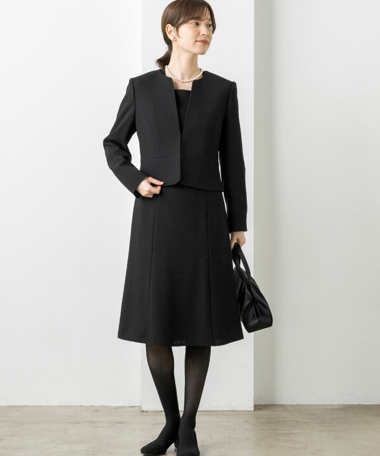ノーカラージャケット＋ボレロ付きデザイン前開きワンピース