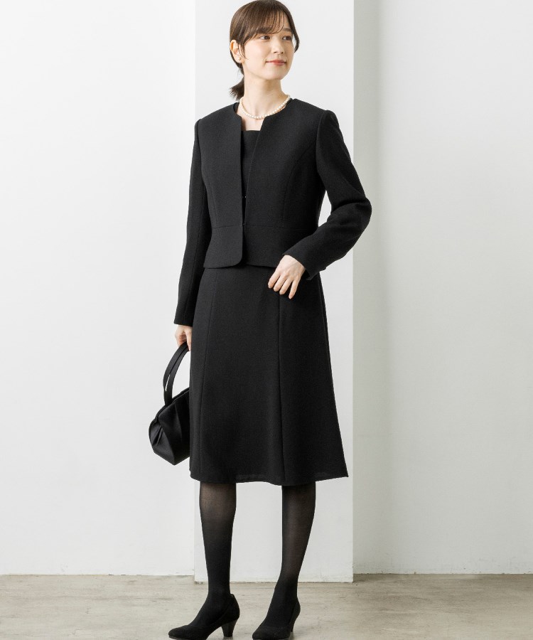 ノーカラージャケット＋ボレロ付きデザイン前開きワンピース