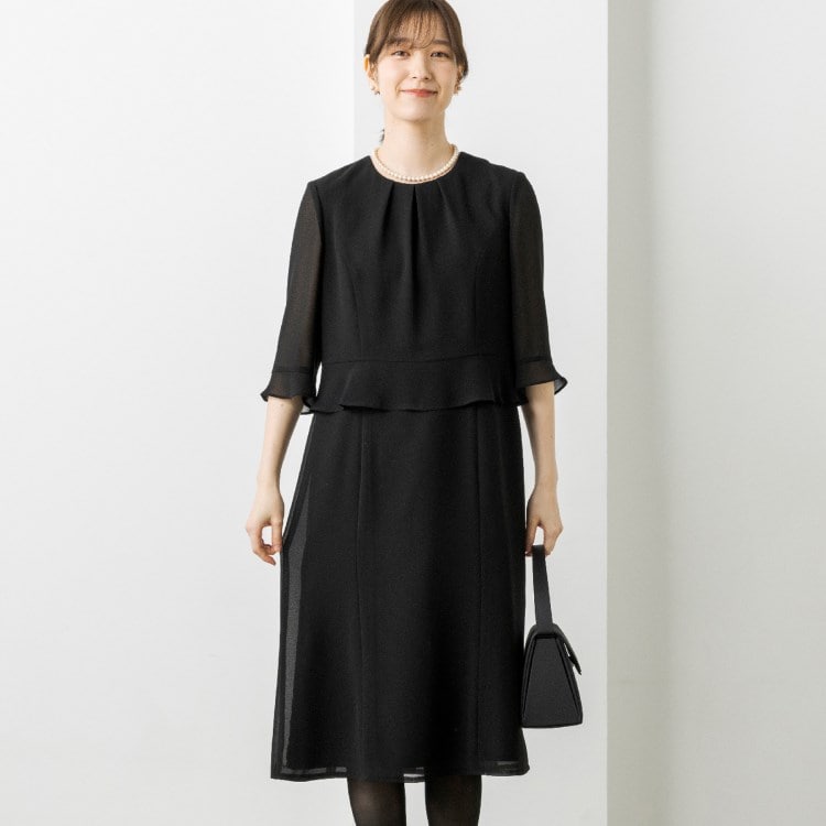 トウキョウソワール(東京ソワール)の【洗える】ペプラム付きジョーゼットワンピース【喪服・礼服・ブラックフォーマル】 ミドルワンピース