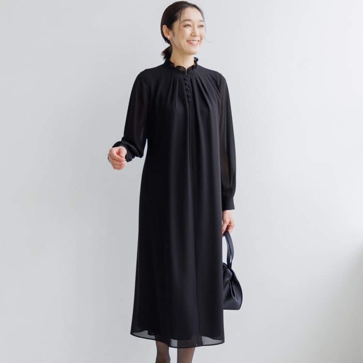 トウキョウソワール(東京ソワール)の【洗える】フリルスタンドカラーワンピース【喪服・礼服・ブラックフォーマル・学校行事・セレモニー 】 マキシ・ロングワンピース
