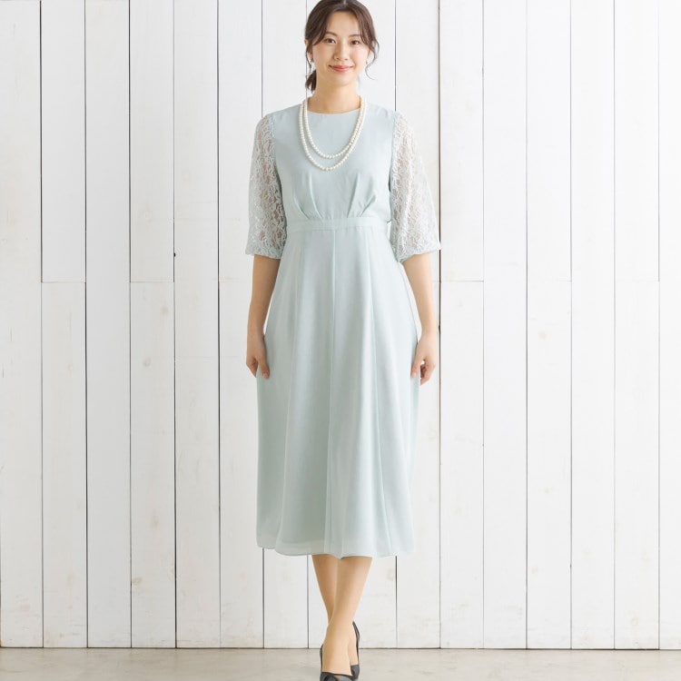トウキョウソワール(東京ソワール)の袖レースのウエストタックワンピース【結婚式・ゲストドレス・入学式・卒業式・七五三・学校行事】 ミドルワンピース
