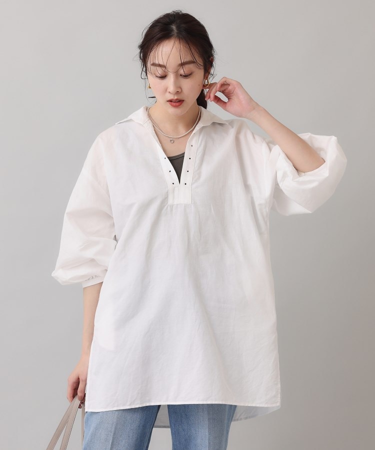 TICCA】コットンリネンレースアップシャツ(チュニック TICCA】コットンリネンレースアップシャツ(チュニック