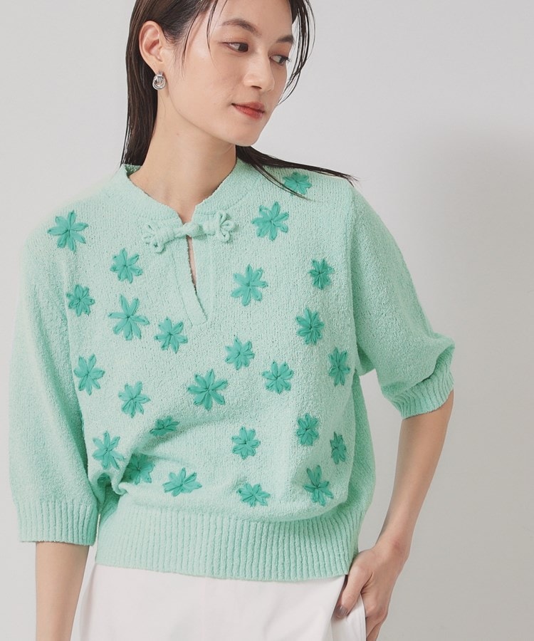 手刺繍/花モチーフ】チャイナカラーニット(ニット/セーター 手刺繍/花モチーフ】チャイナカラーニット(ニット/セーター