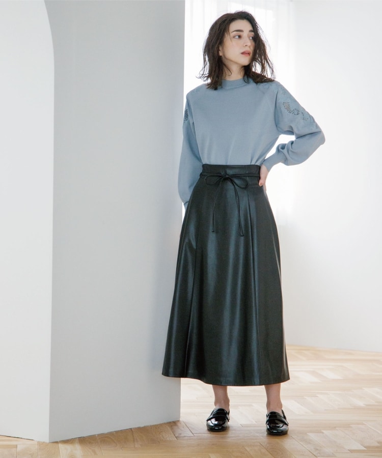 フェイクレザーフレアスカート【リボンサッシュ付き】(マキシ・ロング