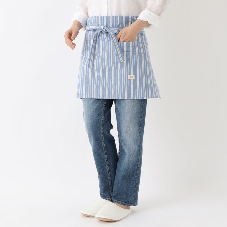 トゥーワントゥーキッチンストア(212 KITCHEN STORE)のダブルストライプ カフェエプロン BL ＜212Kオリジナル＞ エプロン・その他ファブリック
