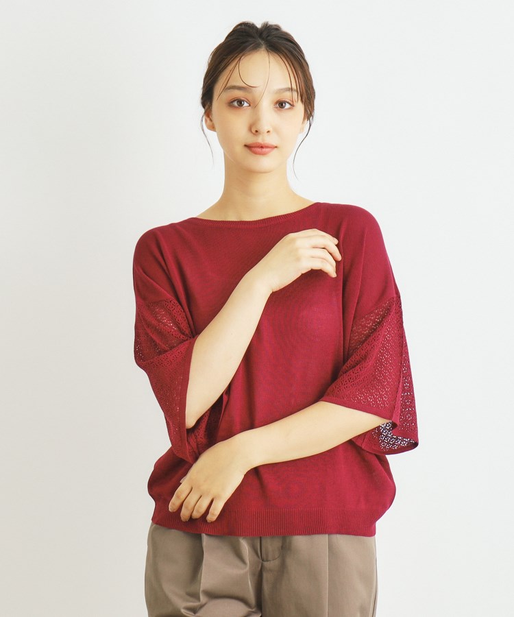 ローラアシュレイ(LAURA ASHLEY)の【ドロップショルダー】透かし編み半袖ニット1