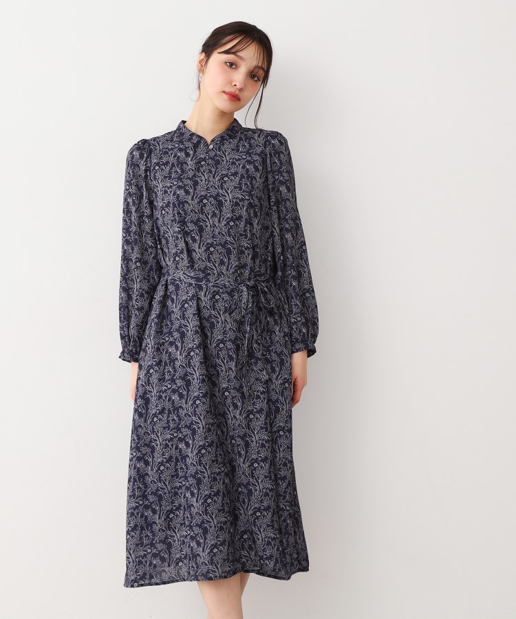 ウエストリボン付き】ナンテール柄 シフォンワンピース(マキシ ウエストリボン付き】ナンテール柄 シフォンワンピース(マキシ