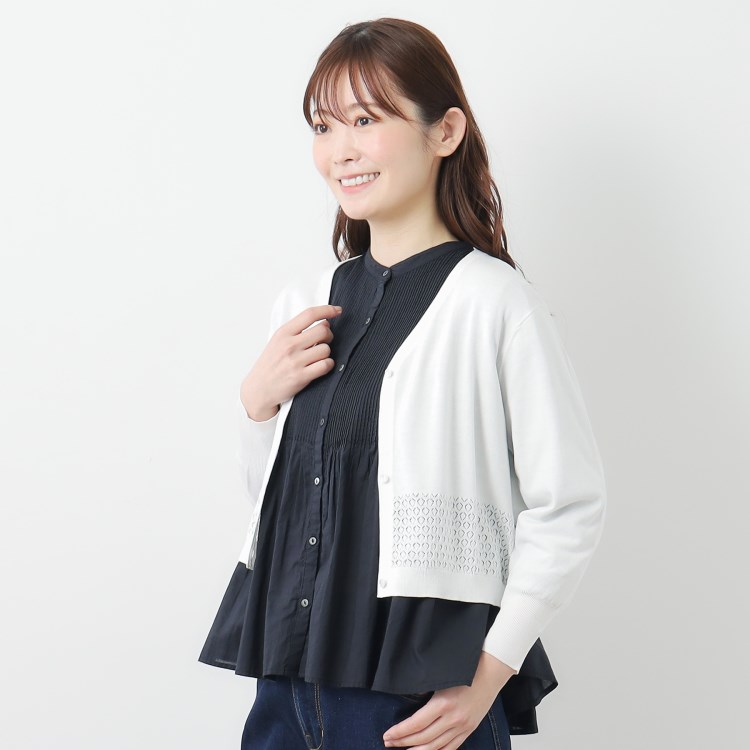 ローラアシュレイ(LAURA ASHLEY)の【コットンシルク混／7分袖】透かし編みVネックカーディガン カーディガン/ボレロ