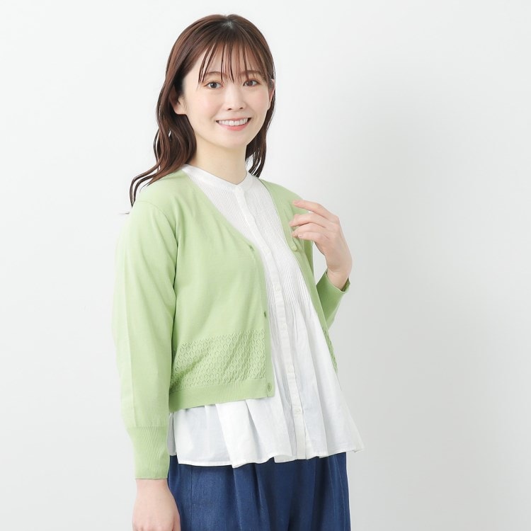 ローラアシュレイ(LAURA ASHLEY)の【コットンシルク混／7分袖】透かし編みVネックカーディガン カーディガン/ボレロ