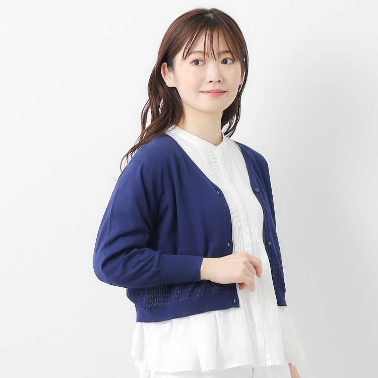 ローラアシュレイ(LAURA ASHLEY)の【コットンシルク混／7分袖】透かし編みVネックカーディガン カーディガン/ボレロ