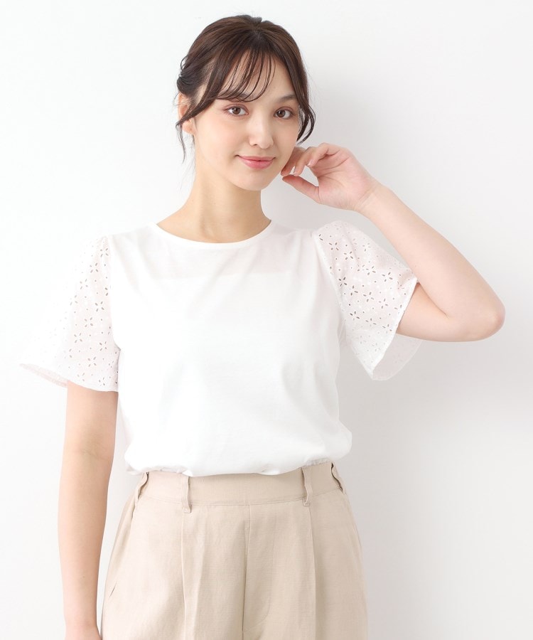 ローラアシュレイ(LAURA ASHLEY)の【洗える／コットン100％/日本製／袖レース】デザインTシャツ オフホワイト(003)
