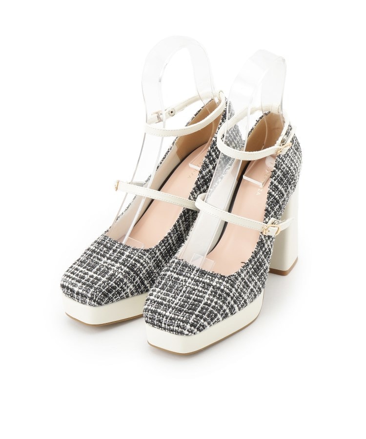 エスペランサ(ESPERANZA)のスクエアトゥダブルストラップ厚底パンプス 結婚式二次会 パーティー 25SS ツイードブラック(919)