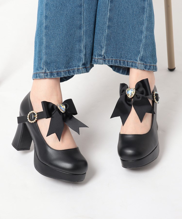 リボン付きチャンキーヒール厚底パンプス リボン付きチャンキーヒール厚底パンプス