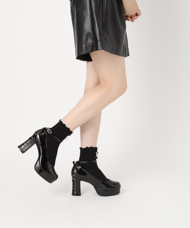 厚底ストラップ付リボンレースアップパンプス(パンプス 厚底ストラップ付リボンレースアップパンプス(パンプス