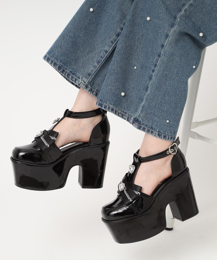 厚底ビジュー付きリボンTストラップパンプス 24SS(パンプス 厚底ビジュー付きリボンTストラップパンプス 24SS(パンプス