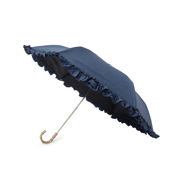 オーバー タッシェ(Ober Tashe)の完全遮光 遮光率100％ 晴雨兼用日傘 デニム風フリル折りたたみ日傘 折りたたみ傘