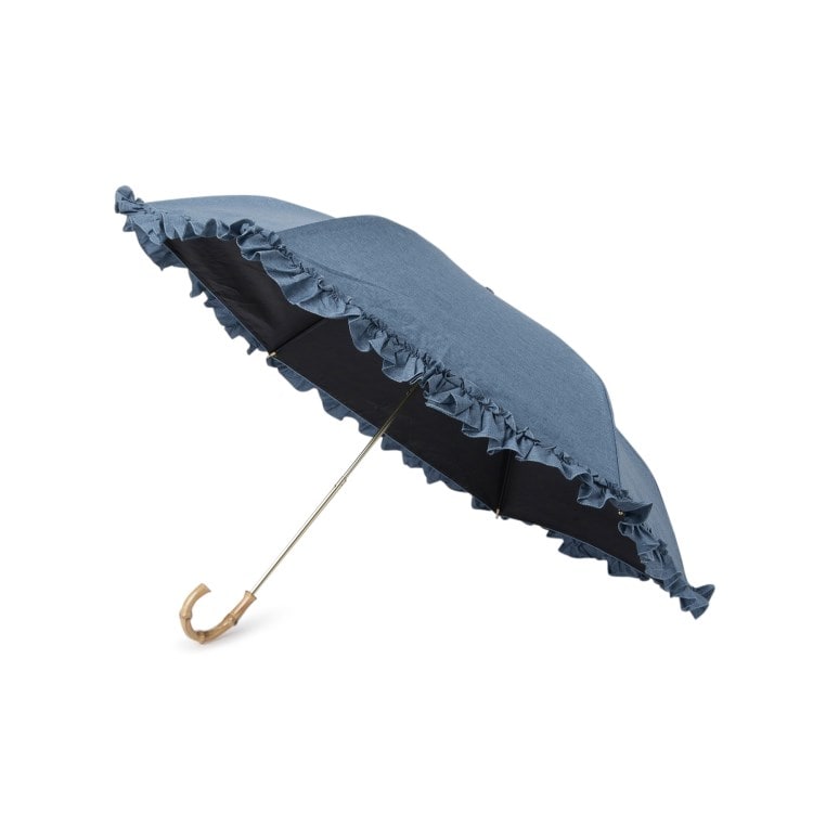 オーバー タッシェ(Ober Tashe)の完全遮光 遮光率100％ 晴雨兼用日傘 デニム風フリル折りたたみ日傘 折りたたみ傘