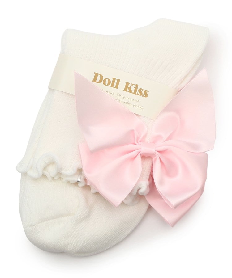 ドール キス(Doll Kiss)の９色展開◆BIGリボン付きクルーソックス　靴下 アイボリー/ピンク(072)