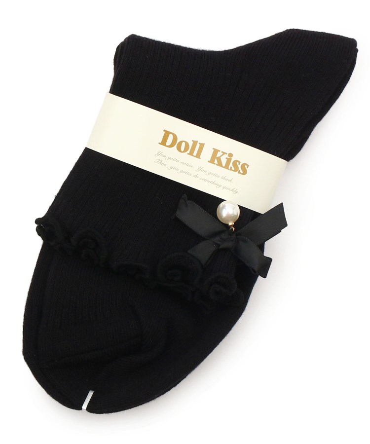 ドール キス(Doll Kiss)の13色展開リボン付きメローリブクルーソックス　靴下 ブラック/ブラック(919)