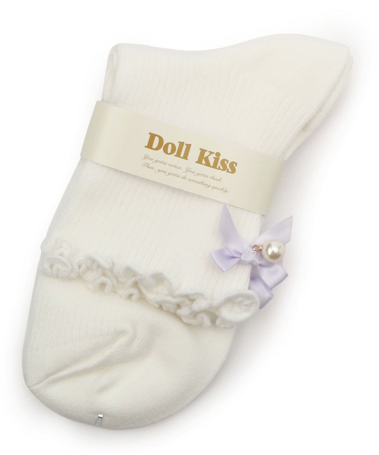 ドール キス(Doll Kiss)の13色展開リボン付きメローリブクルーソックス　靴下 アイボリー/パープル(083)