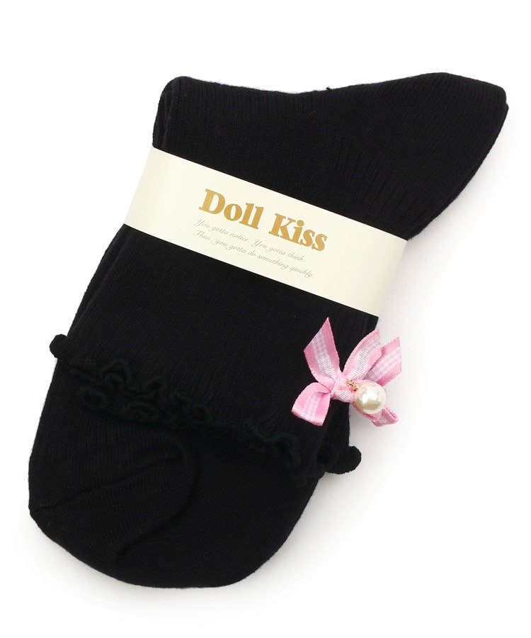 ドール キス(Doll Kiss)の13色展開リボン付きメローリブクルーソックス　靴下 ブラック/ピンク(972)