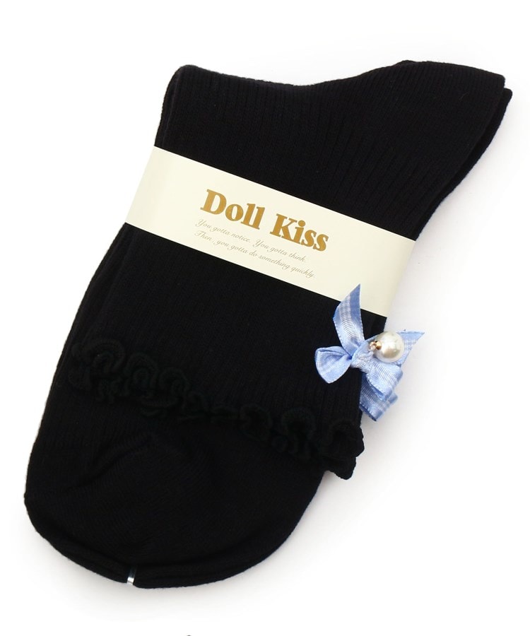 ドール キス(Doll Kiss)の13色展開リボン付きメローリブクルーソックス　靴下 ブラック/ブルー(992)