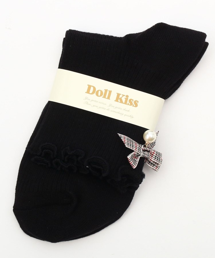 ドール キス(Doll Kiss)の13色展開リボン付きメローリブクルーソックス　靴下 ブラック/ベージュ(941)