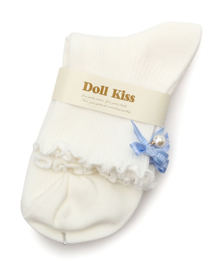 ドール キス(Doll Kiss)の13色展開リボン付きメローリブクルーソックス　靴下 アイボリー/ブルー(192)