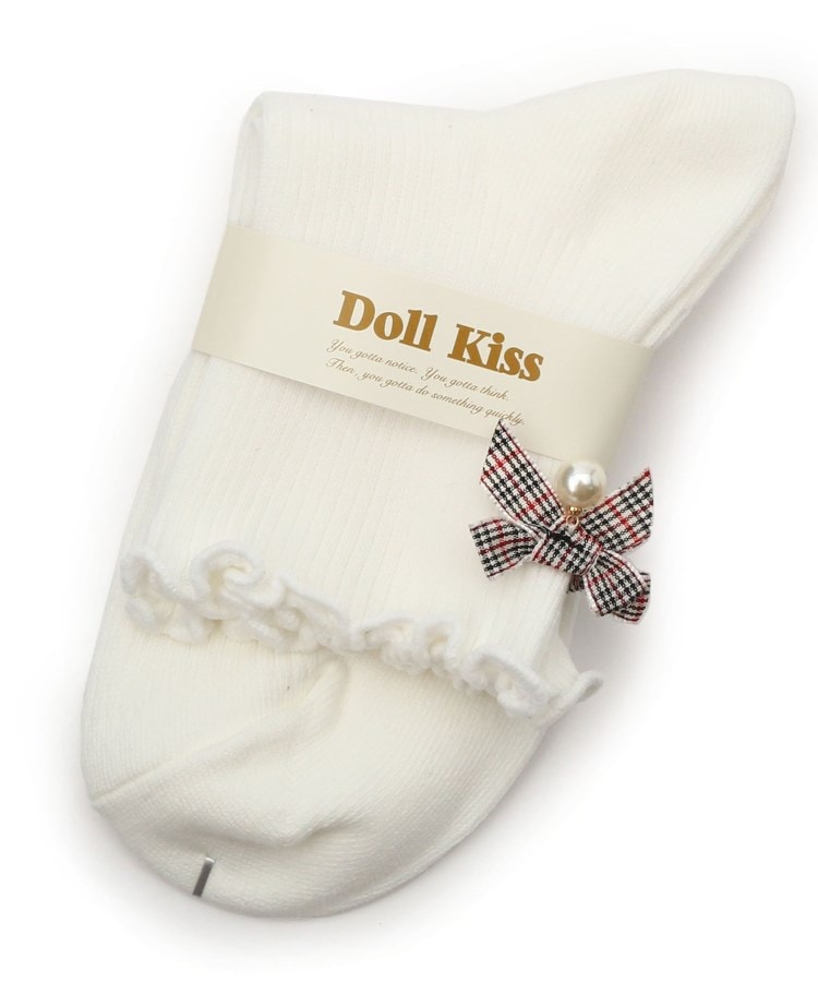 ドール キス(Doll Kiss)の13色展開リボン付きメローリブクルーソックス　靴下 アイボリー/ベージュ(141)