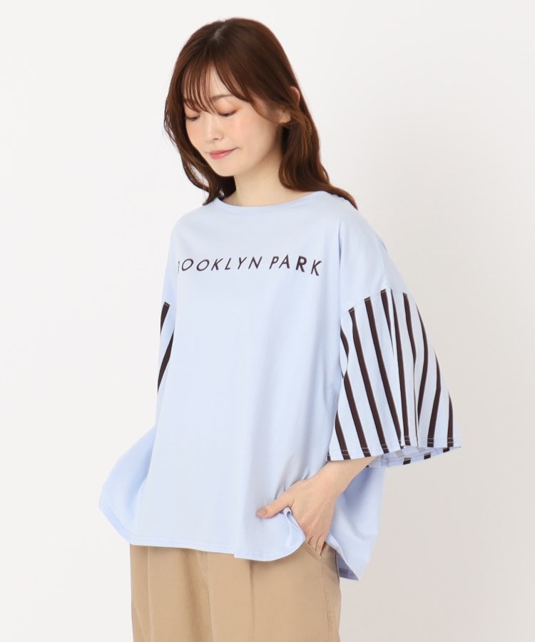 ザンパ(ZAMPA)の【五分袖】プリントロゴ＆袖ストライプTシャツ サックスブルー(090)