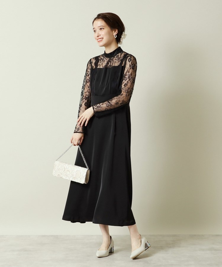 結婚式・パーティに】サテン×レースワンピース<ドレス 結婚式・パーティに】サテン×レースワンピース<ドレス