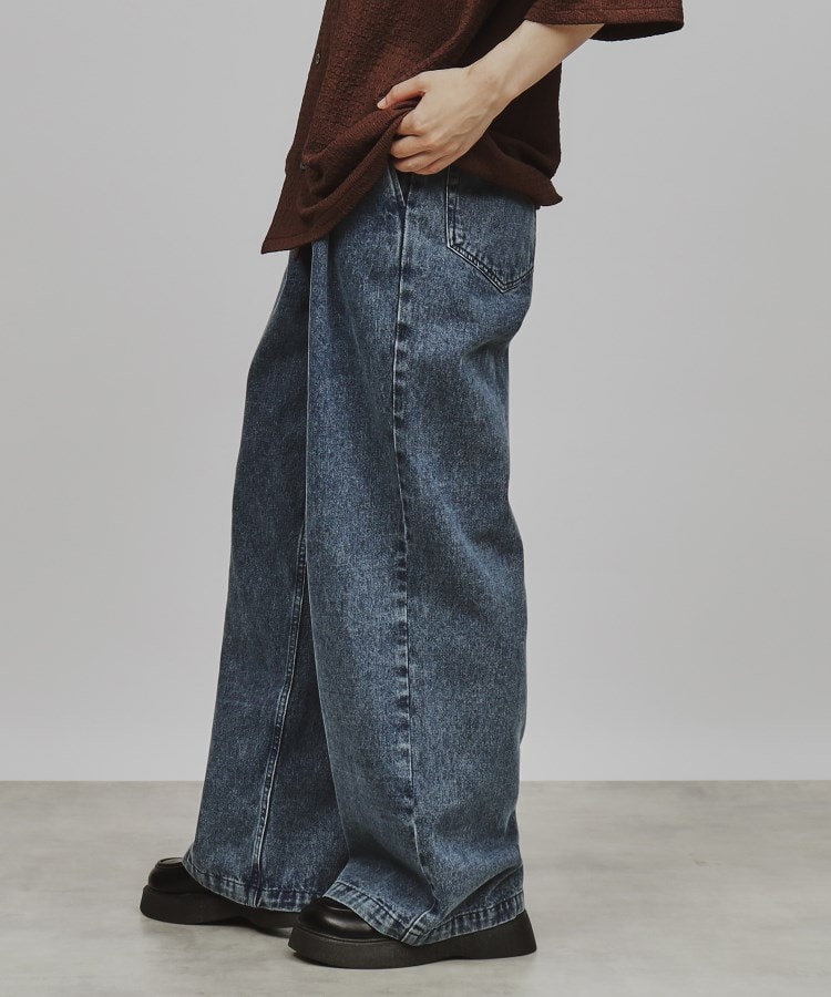 ワイドシルエット サイドベルト ハードダメージデニムパンツ