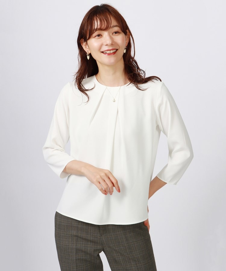 S~3L】クルーネックタックブラウス【7分袖】【洗える S~3L】クルーネックタックブラウス【7分袖】【洗える