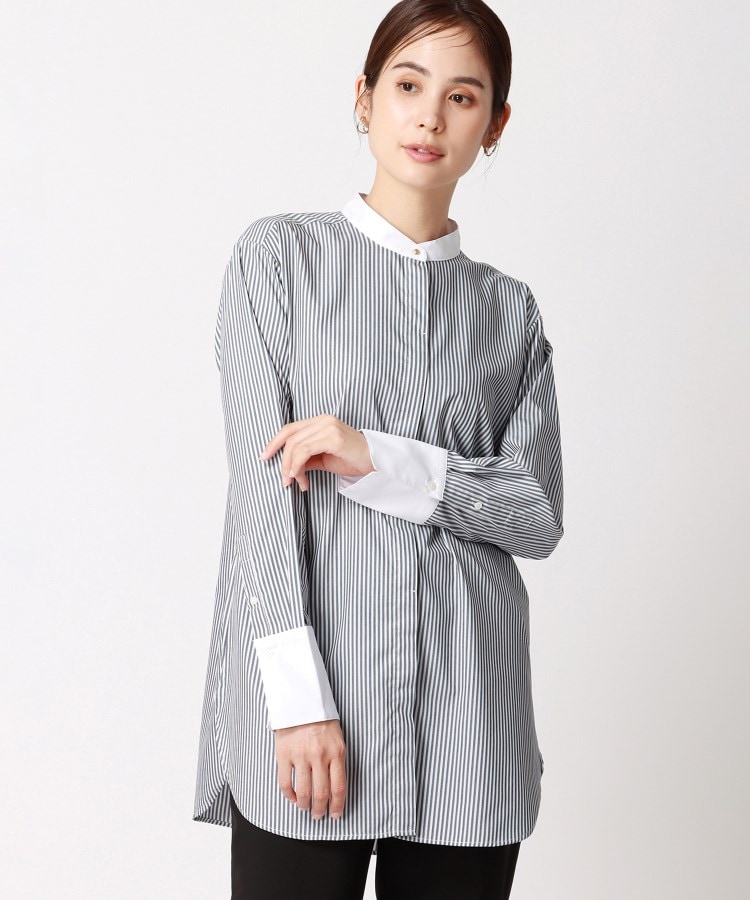 アンカーウーマン(ANCHOR WOMAN)の【洗える／NONIRON】クレリックバンドカラーチュニックシャツ ネイビー(094)