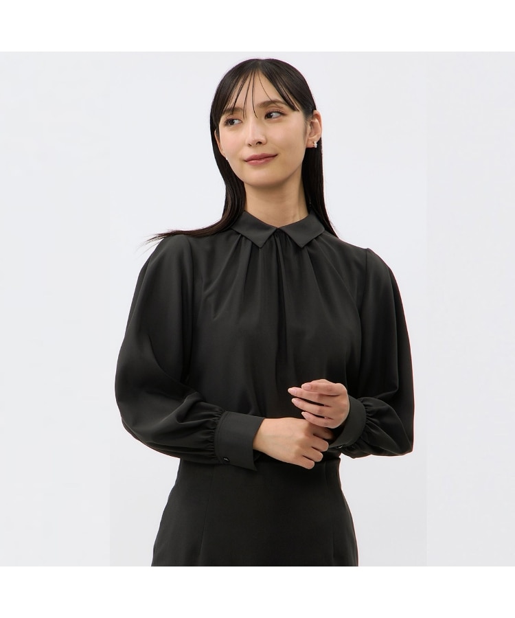 洗える】シャツカラーギャザーブラウス【長袖】(シャツ 洗える】シャツカラーギャザーブラウス【長袖】(シャツ